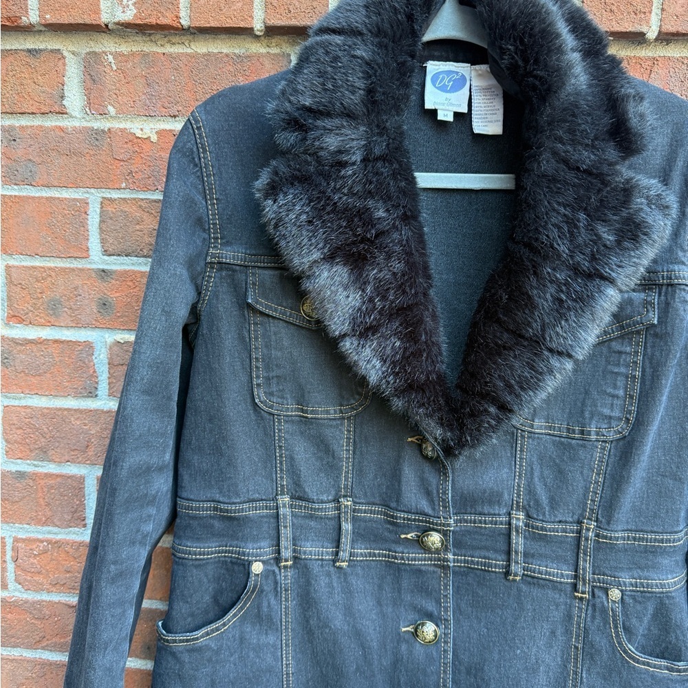 Vintage Diane Gilman DG Trucker Fur Collar Stretchy Jacket Dress Size Medium - Picture 7 of 7